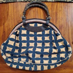 Tocca Vintage Oversized Print Canvas Leather Wood Tote Bag